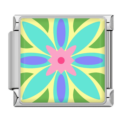 Colourful Vibrant Mosaic Tile Pattern Italian Charms — Silver & Gold Border Bracelet Links