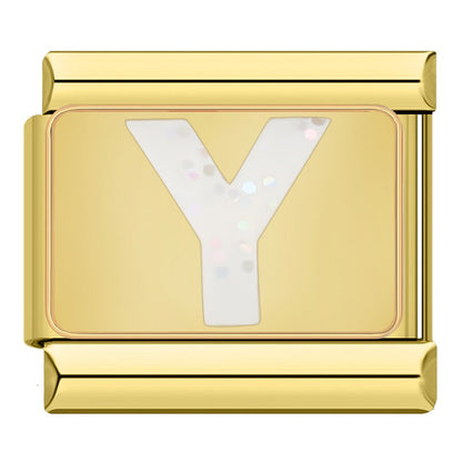 Golden Glitter Letter Initial Italian Charms A–Y — White Glitter Alphabet Gold Border Links