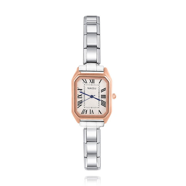 Rose Gold & Silver Rectangle Watch with Roman Numerals — Two-Tone Italian Charm Watch Bracelet