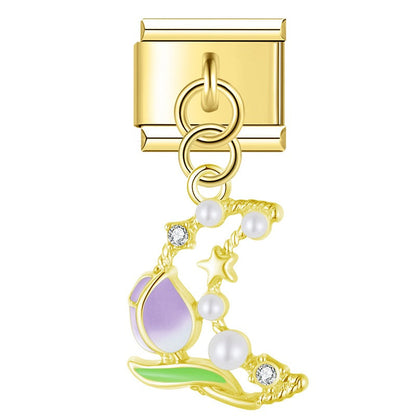 Tulip Moon & Pearl Bow Heart Dangle Charm in Gold