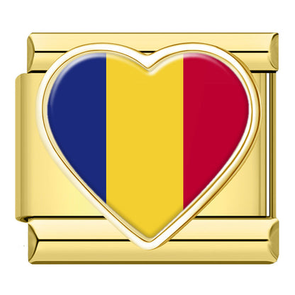 Golden Heart National Flag Italian Charms — Gold Heart Country Flag 9mm Bracelet Links