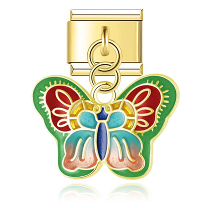 The Vibrant Enamel Butterfly & Floral Heart Dangle Charm in Gold