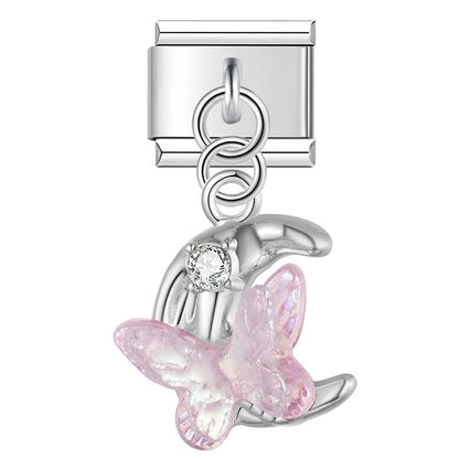 Iridescent Butterfly, Moon & Shimmering Star Trio Dangle Italian Charms — Aurora Celestial Dangle Links