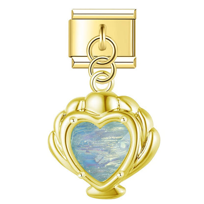 Mermaid’s Treasure Shell & Opalescent Heart Dangle Italian Charms — Ocean Pearl & Shell Dangle Links