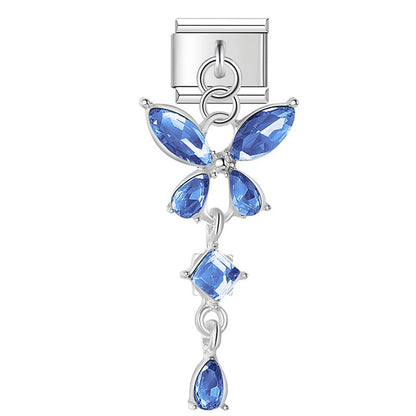 Butterfly Crystal Dangle Italian Charms — Marquise CZ Drop Pendant Links in Gold, Pink & Blue