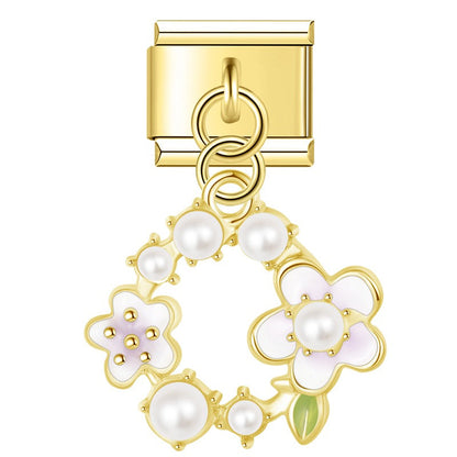 Pearl Floral Wreath & Bumblebee Heart Dangle Italian Charms in Gold — Pearl Daisy & Bee Heart Dangle Links
