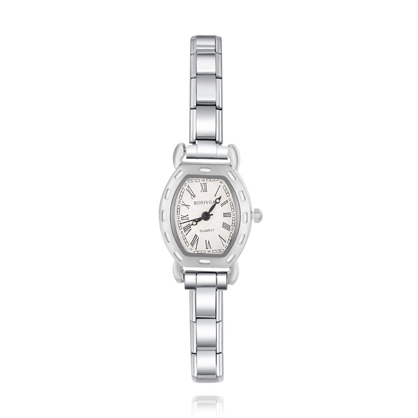 Soft Rectangle Silver Watch with Cut-Out Edge Detail — Architectural Italian Charm Watch