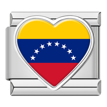 Silver Heart National Flag Italian Charms — World Country Heart Flag 9mm Bracelet Links