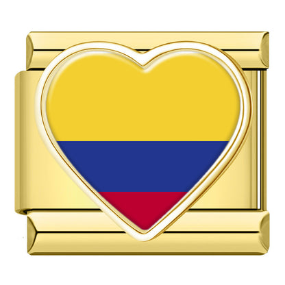 Golden Heart National Flag Italian Charms — Gold Heart Country Flag 9mm Bracelet Links