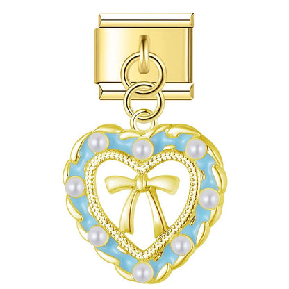 Tulip Moon & Pearl Bow Heart Dangle Charm in Gold