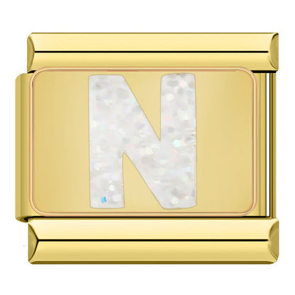 Golden Glitter Letter Initial Italian Charms A–Y — White Glitter Alphabet Gold Border Links