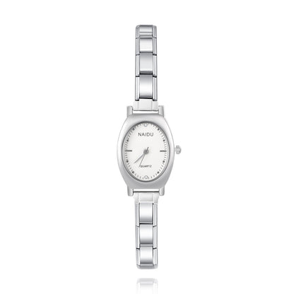 Sleek Oval Silver Watch with Minimalist Dial — Clean Italian Charm Watch Bracelet