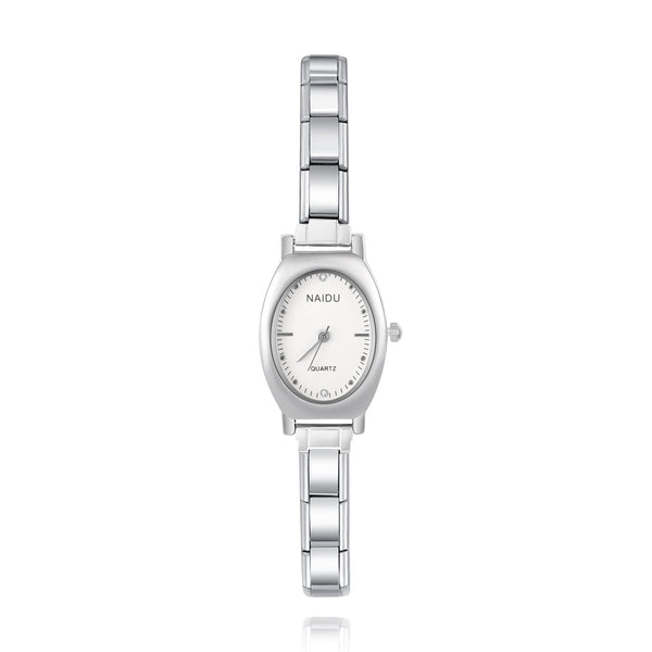 Sleek Oval Silver Watch with Minimalist Dial — Clean Italian Charm Watch Bracelet