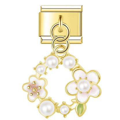 Pearl Floral Wreath & Bumblebee Heart Dangle Italian Charms in Gold — Pearl Daisy & Bee Heart Dangle Links