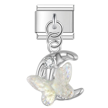 Iridescent Butterfly, Moon & Shimmering Star Trio Dangle Italian Charms — Aurora Celestial Dangle Links
