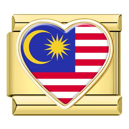 Golden Heart National Flag Italian Charms — Gold Heart Country Flag 9mm Bracelet Links