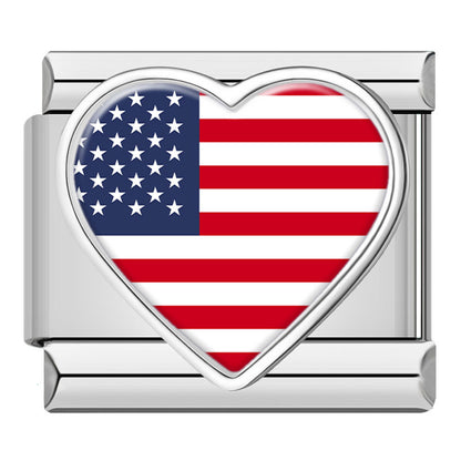 Heart National Flag Italian Charms in Silver — Silver Heart Country Flag 9mm Bracelet Links