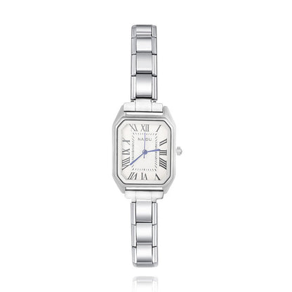 Rose Gold & Silver Rectangle Watch with Roman Numerals — Two-Tone Italian Charm Watch Bracelet