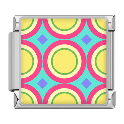 Colourful Vibrant Mosaic Tile Pattern Italian Charms — Silver & Gold Border Bracelet Links