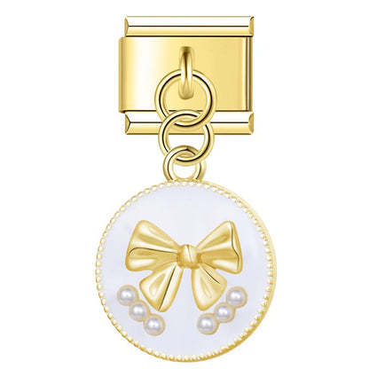 Heart & Pearl Bow Dangle Italian Charms in Gold — Textured Enamel Heart & Pearl Medallion Dangle Links