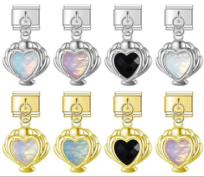 Mermaid’s Treasure Shell & Opalescent Heart Dangle Italian Charms — Ocean Pearl & Shell Dangle Links