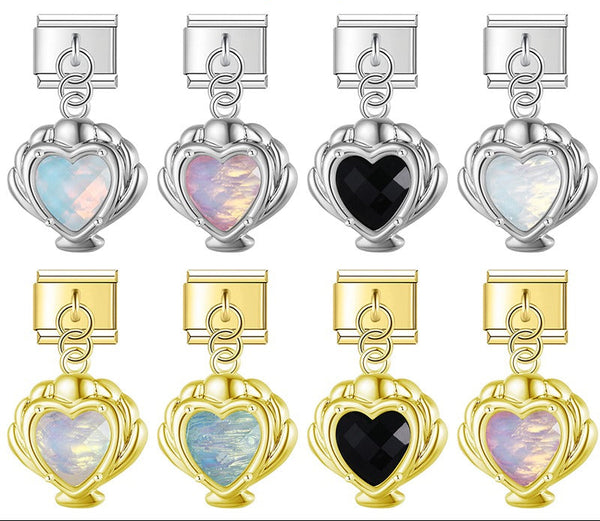 Mermaid’s Treasure Shell & Opalescent Heart Dangle Italian Charms — Ocean Pearl & Shell Dangle Links