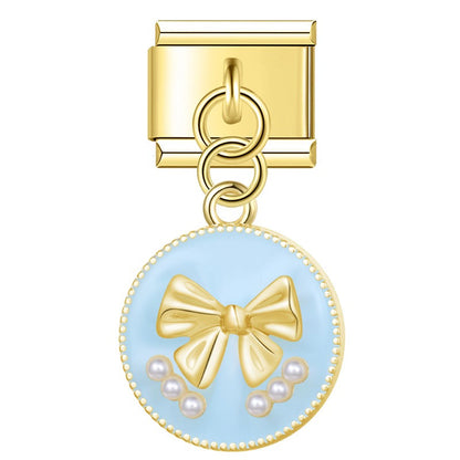 Heart & Pearl Bow Dangle Italian Charms in Gold — Textured Enamel Heart & Pearl Medallion Dangle Links