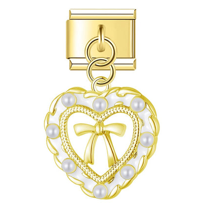 Tulip Moon & Pearl Bow Heart Dangle Charm in Gold