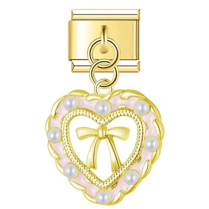 Tulip Moon & Pearl Bow Heart Dangle Charm in Gold