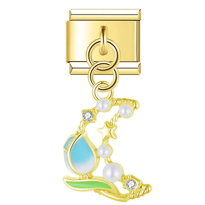 Tulip Moon & Pearl Bow Heart Dangle Charm in Gold