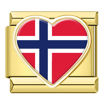 Golden Heart National Flag Italian Charms — Gold Heart Country Flag 9mm Bracelet Links