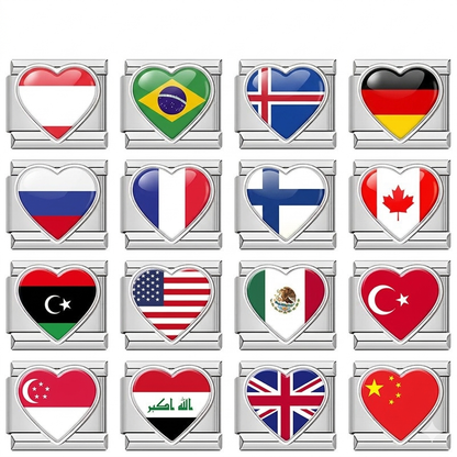 Heart National Flag Italian Charms in Silver — Silver Heart Country Flag 9mm Bracelet Links