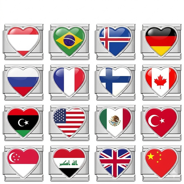 Heart National Flag Italian Charms in Silver — Silver Heart Country Flag 9mm Bracelet Links