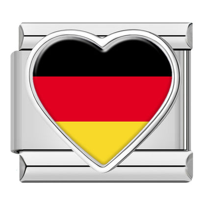Heart National Flag Italian Charms in Silver — Silver Heart Country Flag 9mm Bracelet Links