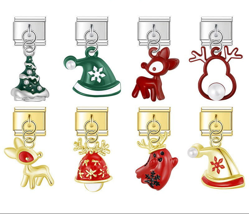 Set of Christmas-themed charms with reindeer, bell, and snowman designs silver and gold  charmtastic 