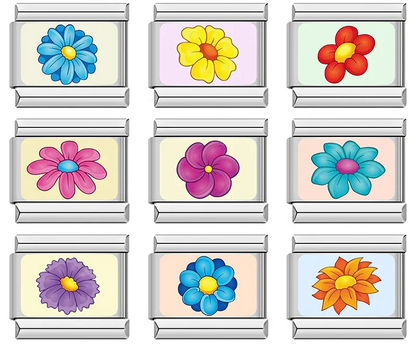 A set of 9 colorful floral Italian charms with silver-toned 9mm modular bases featuring various daisy and blossom illustrations - Charmtastic