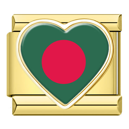 Golden Heart National Flag Italian Charms — Gold Heart Country Flag 9mm Bracelet Links