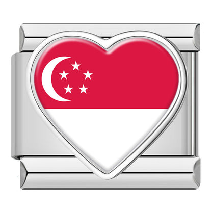 Heart National Flag Italian Charms in Silver — Silver Heart Country Flag 9mm Bracelet Links
