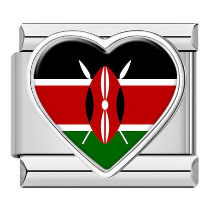 Silver Heart National Flag Italian Charms — World Country Heart Flag 9mm Bracelet Links
