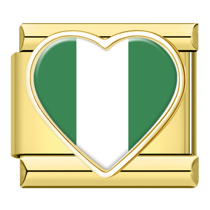 Golden Heart National Flag Italian Charms — Gold Heart Country Flag 9mm Bracelet Links