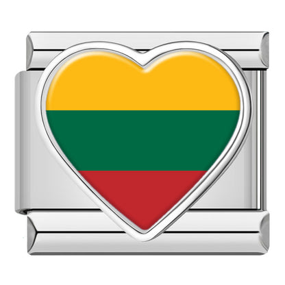 Silver Heart National Flag Italian Charms — World Country Heart Flag 9mm Bracelet Links