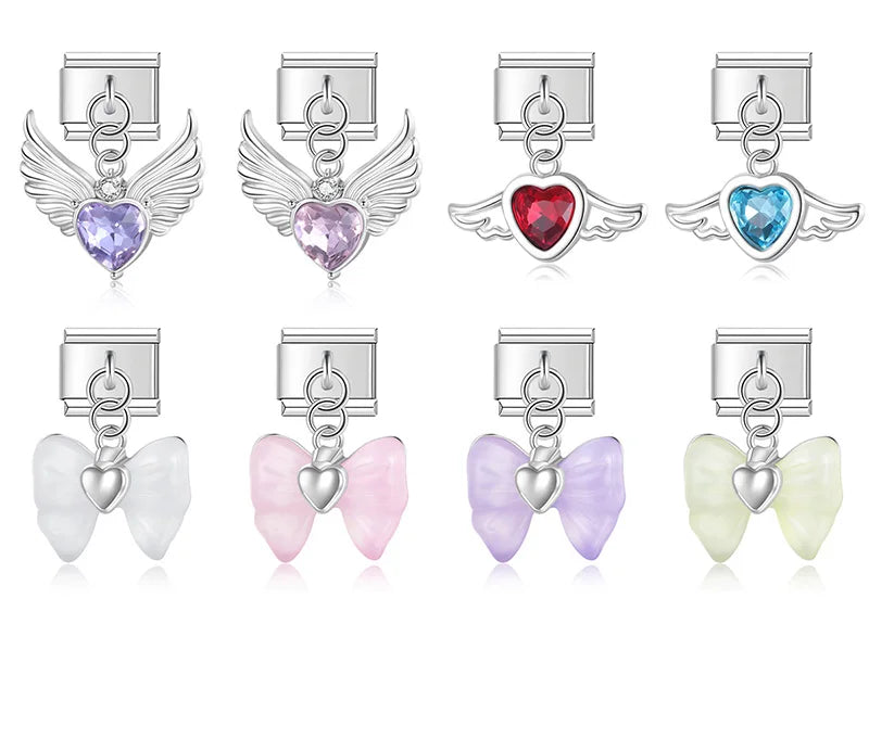 Bow Knot Angel Wings Shiny silver charms