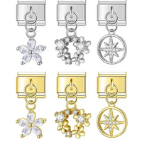 Flower Round Star Shiny Dangle Italian Charms — Gold CZ Crystal Round & Star Dangle Links