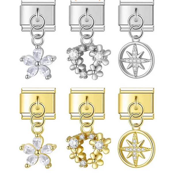 Flower Round Star Shiny Dangle Italian Charms — Gold CZ Crystal Round & Star Dangle Links