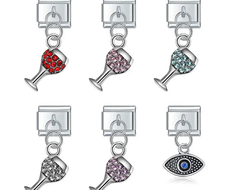 Set of wine glass-shaped italian charms with colored gemstones 