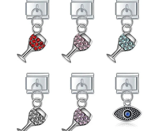 Set of wine glass-shaped italian charms with colored gemstones 