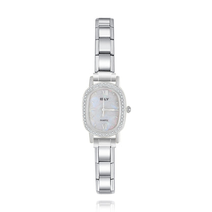 Luxury Crystal Bezel Oval Watch with Pearl Dial — Premium Italian Charm Watch Bracelet