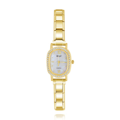 Luxury Crystal Bezel Oval Watch with Pearl Dial — Premium Italian Charm Watch Bracelet