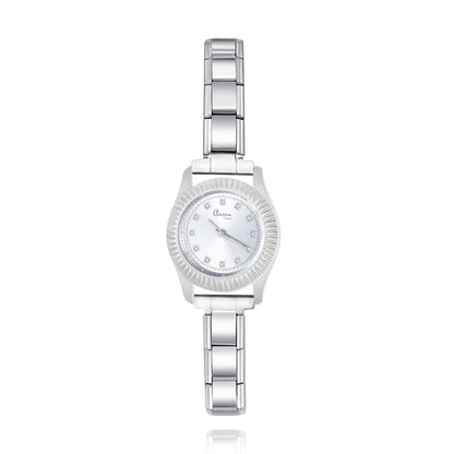 Modern Fluted Bezel Round Watch with Crystal Markers — Luxe Italian Charm Watch Bracelet