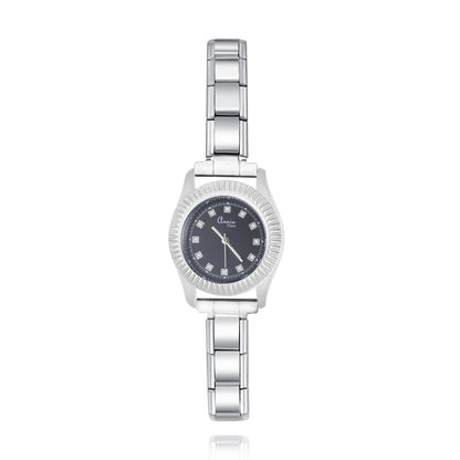 Modern Fluted Bezel Round Watch with Crystal Markers — Luxe Italian Charm Watch Bracelet